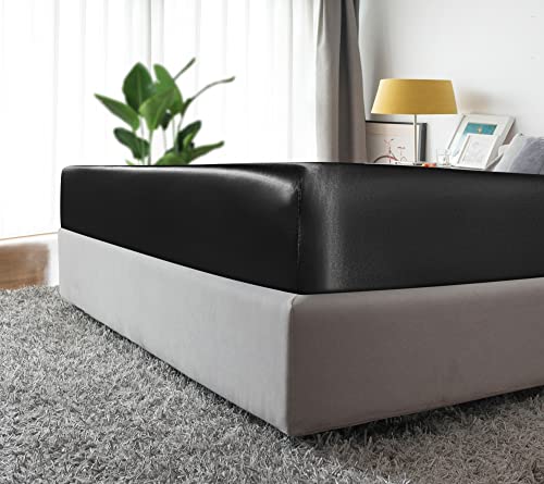 MILVOWOC Satin Fitted Sheet Twin XL, Black Single, Luxury Deep Pocket Bottom Bed Sheet, Soft Silky Bedding MILVOWOC
