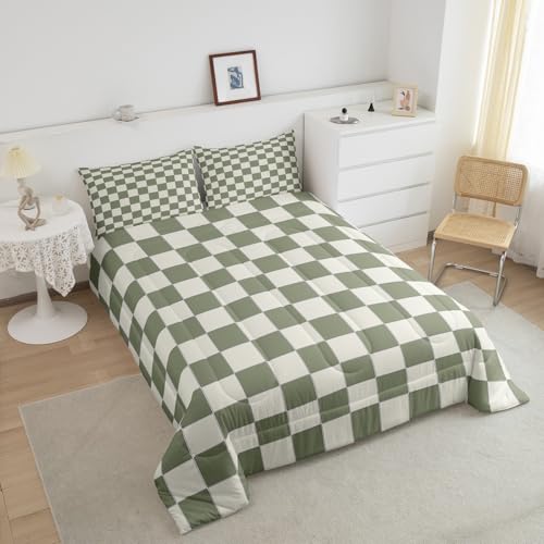 Erosebridal Plaid Comforter Set Twin Beige Sage Green Checkerboard Quilt Set Geometric Checkered Bedding Set for Kids Boys Girls, Aesthetic Grid Duvet Set Modern Room Decor 2 Pcs Erosebridal