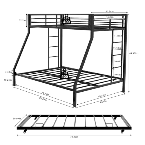 AiHMEi Twin XL Over Queen Bunk Bed with Trundle, Heavy Duty Metal Bunk Bed Frame with 2 Ladders and Full-Length Guardrail, Space-Saving Bunk Beds for Kids Teens Adults, No Box Spring Needed, Black AiHMEi