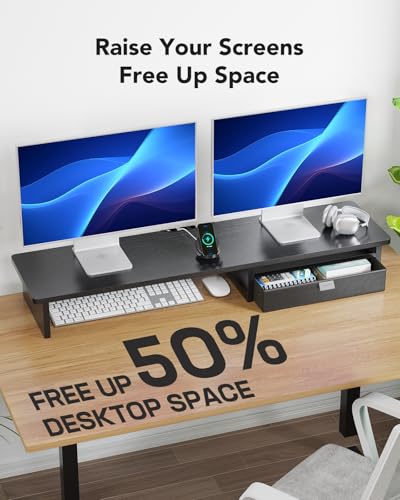 HUANUO Ergonomic Dual Monitor Stand Riser with Steel Tray & Fabric Drawer, Large Desk Organizer with One-Piece Platform, Monitor Stand for Desk, Computer Monitor Stand with Cable Management HUANUO