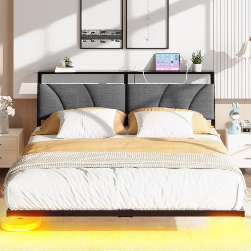 Floating Queen Bed Frame with Storage Headboard Charging Station and Led Lights,Platform Bed Frame Queen Size with Upholstered Headboard,No Box Spring Needed,Heavy Duty Meal Slats Support,No Noise SOLACECASA