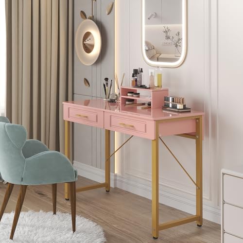 WESTREE Vanity Desk with 2 Drawers and Storage Shelf, Modern Makeup Table with Glossy Desktop, Gold Metal Frame Writing Desk for Bedroom or Home Office, No Mirror WESTREE