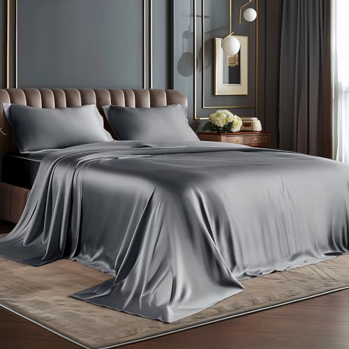 BEDELITE Satin Sheets Full Size Bed Set, Luxury Soft Dark Grey Silky Sheets for Hair and Skin, Similar to Silk Bed Sheets Set 4 Pieces with 1 Deep Pocket Fitted Sheet, 1 Flat Sheet, and 2 Pillowcases BEDELITE