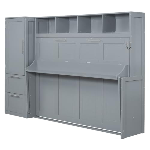Ball & Cast Murphy Bed Queen Size Wall Beds with Closet and Storage Drawers,Wood Hideaway Platform Bedframe w/Lock,can be Folded,Easy Assembly,for Kids Bedroom,Student Dorms,Gray Ball & Cast