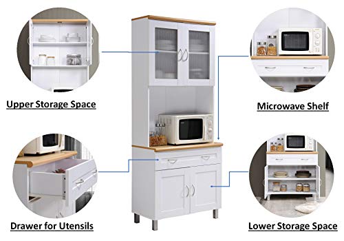 HODEDAH IMPORT Tall Standing Kitchen Cabinet with Top and Bottom Enclosed Cabinet Space, 1-Drawer, Large Open Space for Microwave in White Hodedah