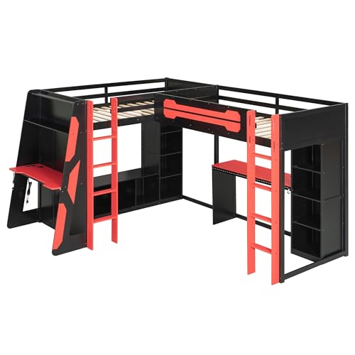 Merax Twin Size Gaming Loft Bed with Desk, TV Stand and Storage Shelves, Solid Wood Dual Twin Bed Frame with RGB LED Lights & USB Ports for Teens Bedroom, Space-Saving Design, Reversible Layout, Red Merax