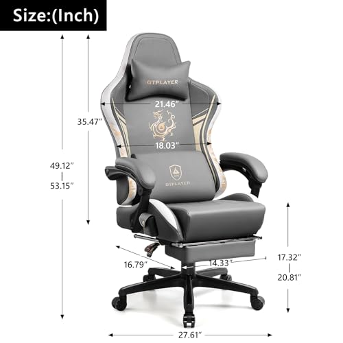 GTPLAYER Gaming Chair with Bluetooth Speakers and Footrest, Dragon Series Video Game Chairs, Heavy Duty Ergonomic Chairs, Esports Gaming Computer Office Chair (Gray) GTPLAYER