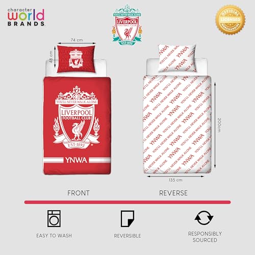 Character World Official Liverpool FC Single Duvet Cover Set, Tone Design | Red Reversible 2 Sided Football Bedding Cover Official Merchandise Including Matching Pillow Case Liverpool F.C.