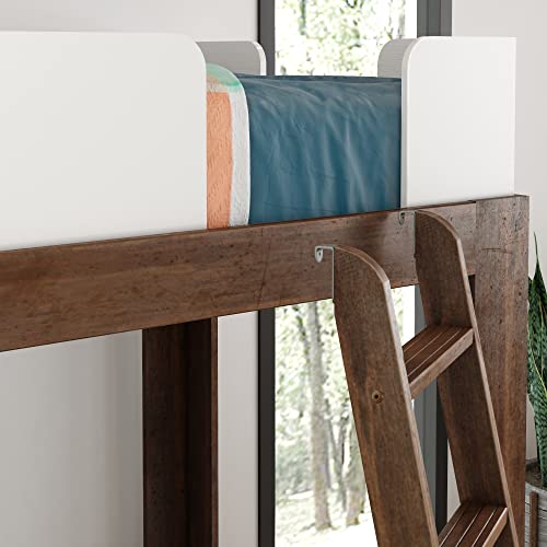 Max & Lily Mid-Century Modern Twin Over Twin Solid Wood Bunk Bed in Walnut/White Max & Lily