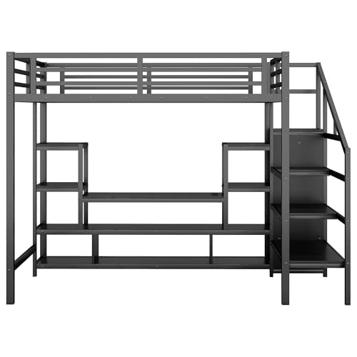 Full Size Loft Bed with LED Light & TV Table, Adults Loft Beds with Charging Station & Storage Bookcase, Wardrobe, Heavy-Duty Metal Lofts Frame with Stairs for Kids, Teens & Youth Dorms, Black Mirightone
