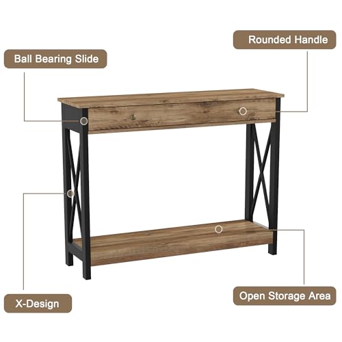 Treocho Console Table with Drawer and Storage Shelves, Foyer Sofa Table Narrow for Entryway, Living Room, Hallway Rustic Oak & Black Treocho