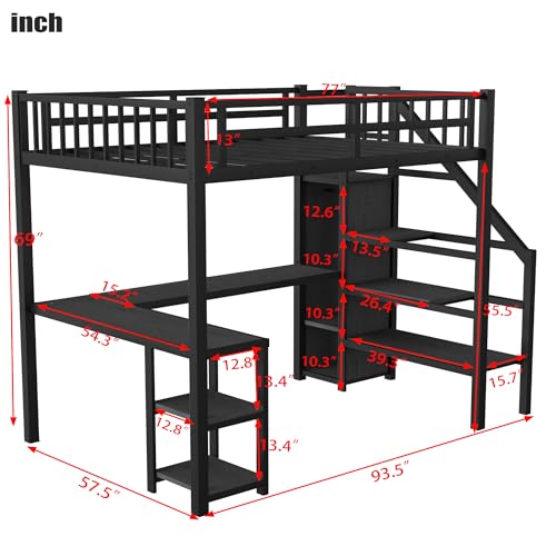 Full Size Loft Bed with Desk and Stairs Metal Full Loft Bed with Storage Wardrobe and Charging Station Adult Loft Bed with LED Lights and Adjustable Shelf for Kids Teens, Black Mirightone