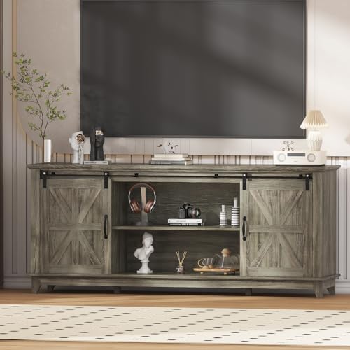 Garvee Home Farmhouse TV Stand for 75 in Television, Wood Entertainment Center with Storage & Barn Doors, Adjustable Shelf Media TV Console Table Cabinet for Living Room, 66 in Large, Grey Garvee