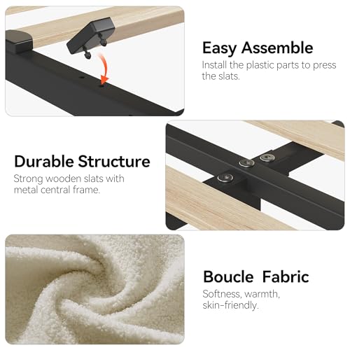 GarveeHome Full Bed Frame with Storage Headboard, Kids Bed Frame with 2 Drawers, Boucle Upholstered Platform Bed with Bookcase, No Box Spring Needed, Easy Assembly, Beige White GarveeHome