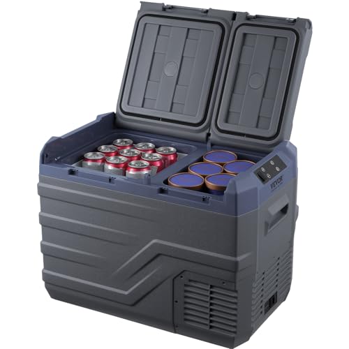 VEVOR NLS45, 12 Volt Car Refrigerator Fridge, 32 L Dual Zone Portable Freezer, -4℉-68℉ Adjustable Range, 12/24V DC and 100-240V AC Compressor Cooler for Outdoor, Camping, RV, Bule and grey VEVOR
