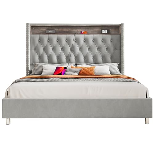 Jocisland Gray Velvet Queen Bed Frame with LED Lights & Charging Station Jocisland
