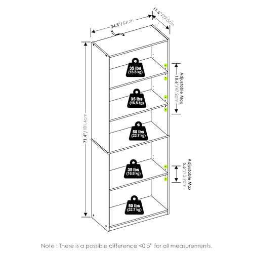 Furinno GEHRY Book Shelf, 5-Tier Bookshelf, Bookcase with Adjustable Shelves, 11.6 x 24.8 x 71.4, for Living Room, Bedroom, Home Office, White Furinno