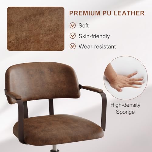 BFZ Mid Century Retro Home Office Desk Chair with Back, Faux Leather Adjustable Height Rolling Swivel Computer Task Armrests Chair for Home Office, Brown BFZ
