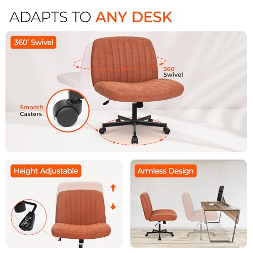 Orange Factory Criss Cross Chair Wheels Wide Cross Legged Office Desk Vanity Chair Comfy Fabric Armless Adjustable Swivel for Home Computer Task (Brown) Orange Factory