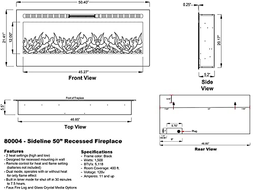 Touchstone Smart Electric Fireplace-The Sideline 50 Inch Wide-in Wall Recessed-30 Realistic Ember Color/Flame Options-1500W Heater w/Thermostat-Black- Log & Crystal Hearth Options -Alexa/WiFi Enabled Touchstone