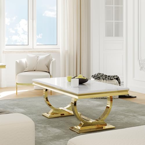Asday Gold and White Coffee Table, Rectangle Gold Marble Coffee Table, Luxury Elegant Center Table for Living Room, Guest Hall, Reception Room Asday