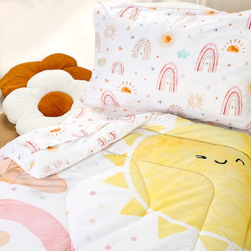 CARUILI Toddler Bedding Set for Girls, 4 Piece Rainbow Toddler Girl Bedding Set, Super Soft & Lightweight Toddler Comforter Set Includes Comforter, Flat Sheet, Fitted Sheet, Pillowcase (Pink) CARUILI