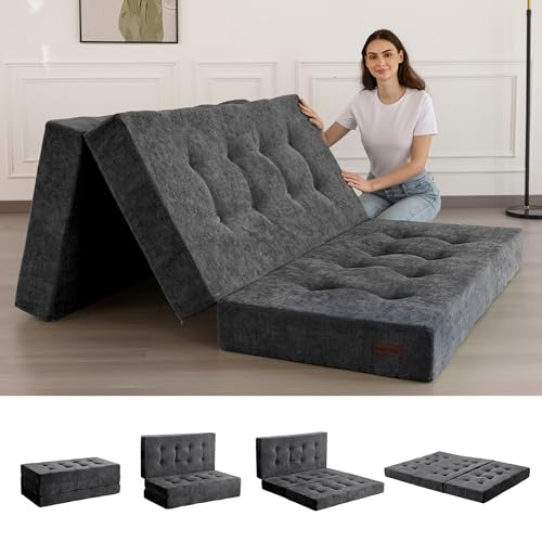MAXYOYO Tri-Fold Mattress, 6 Inch Tufted Folding Mattress with Chenille Fabric, Portable Twin Size Floor Guest Mat for Adults, Foldable Topper for Camping, Dark Grey, 35.4"x75" MAXYOYO