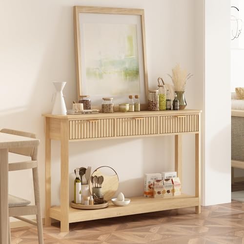 RUSTOWN Fluted Wood Console Table with 3 Drawers, Boho Narrow Behind Couch Entryway Table with Open Storage Shelf, Modern Sofa Table for Living Room, Foyer and Hallway (Natural Wood) RUSTOWN