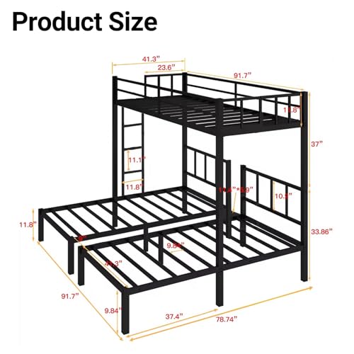 Zevemomo Twin Over Twin & Twin XL Bunk Bed, Metal Triple Bed with Safety Protect and Ladder, Convertible 3 Beds, No Boxing Spring Needed, Black Zevemomo