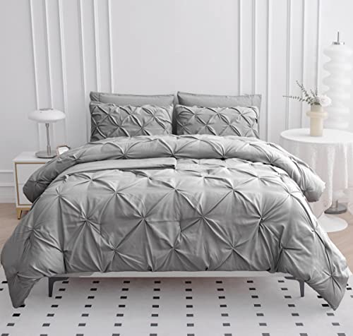 LANE LINEN Twin Sized Comforter Set – 5 Pc Luxury Down-Alternative - Pintuck Stitch Design Bedding - 1 Comforter, 1 Flat Sheet, 1 Fitted Sheet, 1 Pillowcase & 1 Sham - Easy Care, Machine Wash – Silver LANE LINEN