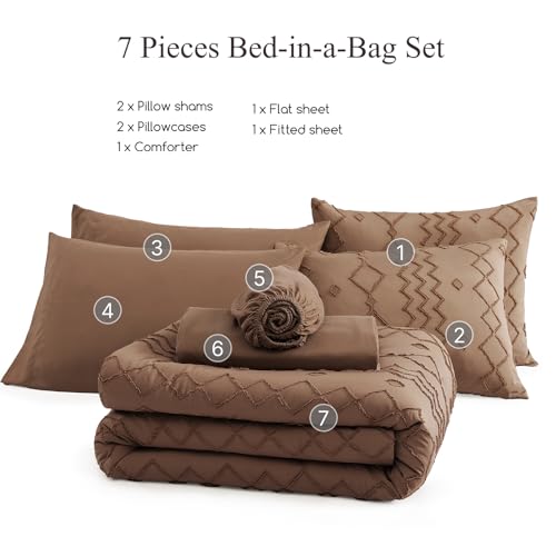 AMBERSPACE Queen Comforter Set Brown, Tufted Geometric Boho Bedding Farmhouse Bed Set, All Season 7 Pieces Bed in a Bag with Sheets, Pillowcases & Shams AMBERSPACE