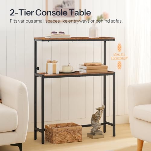 HOOBRO Narrow Console Table with Adjustable Height (31.5"-37.4"), High Entryway Table, Skinny Behind Couch Table with 2 Tier Shelf, Sofa Table for Hallway, Livingroom, Rustic Brown and Black BF96XG01 HOOBRO