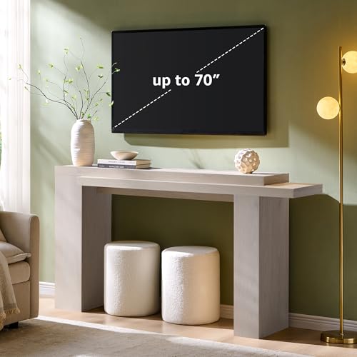 OKD 63 Inch Modern Entryway Console Table, Solid Geometry Accent Sofa Table Behind The Couch, Narrow Console Table for Entryway, Hallway, Living Room, Foyer, White Alder OKD