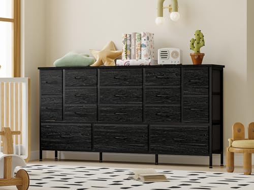Fixwal 63.3 Inch Large Black Dresser for Bedroom, 16 Drawer Dresser, Long TV Stand for 55, 65, 70 Inch TV with Power Outlets, Fabric Chest of Drawers for Bedroom, Living Room, Entryway, Black Fixwal