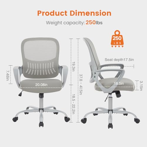 Sweetcrispy Home Office Managerial Executive Chair, Ergonomic Mesh Adjustable Swivel Mid-Back Chair with Comfortable Lumbar Support, Comfy Arms for Bedroom,Study,Student Sweetcrispy