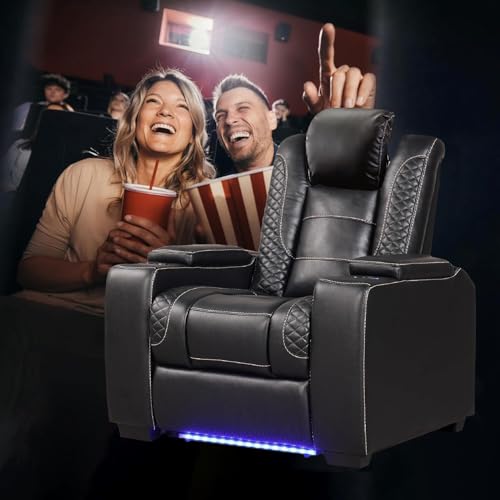 ANJ Power Home Theater Seating Recliner Chairs, PU Leather Recliner with Cup Holders, Electric Movie Theater Reclining Chairs with Adjustable Powered Headrest, LED Lights, Hidden Arm Storage (Black)