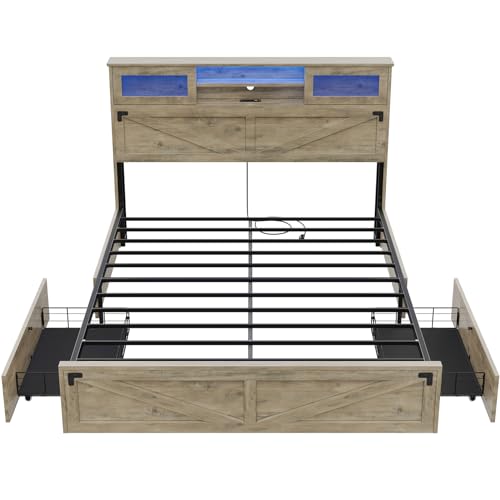 Hasuit Rustic Oak Queen Bed Frame with Bookcase Headboard, LED Lights, Charging Station & 2 Drawers Hasuit