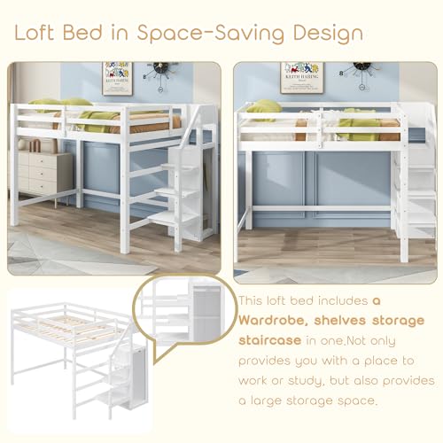 Bellemave Full Size Loft Bed with Stairs and Built-in Storage Wardrobe, Wood Loft Bed Frame with Storage Shelves and Hanging Rod White Loft Beds for Kids Boys Girls Adults Teens Dorm Bedroom Bellemave