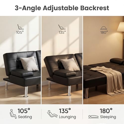 YESHOMY Modern Futon Sofa Bed, Convertible Futon Couch with Adjustable Backrest, Futon Loveseat Sleeper Sofa Bed with Armrest for Living Room, Small Spaces,PU Leather, Black YESHOMY