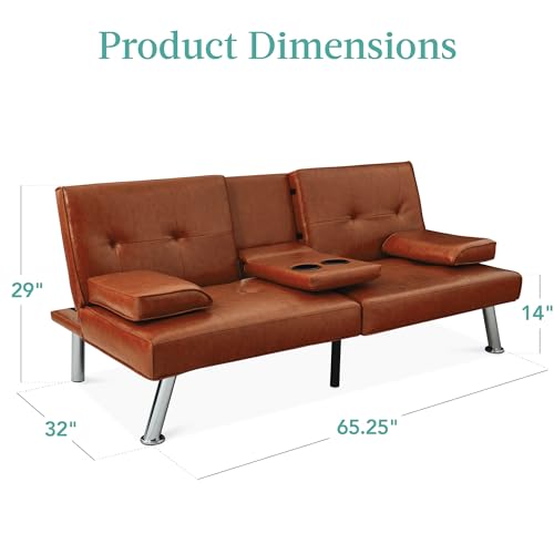 Best Choice Products Faux Leather Upholstered Modern Convertible Futon, Adjustable Folding Sofa Bed, Guest Bed w/Removable Armrests - Medium Brown Best Choice Products