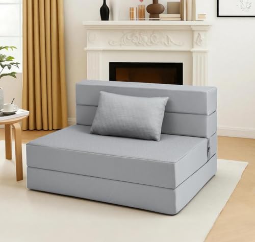 BeBen Folding Sofa Bed, Boneless Foldable Chair Bed, Convertible Futon Sleeper Chair Couch, Twin Lazy Floor Lounger Sofa Couch for Small Spaces, Dorm, Guest Room, Living Room, Apartment, Grey BeBen