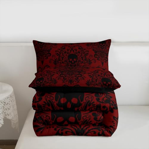 Feelyou Adults Gothic Skull Bedding Set Queen Size Kids Damask Print Comforter Goth Bohemian Duvet Breathable Soft Lightweight Microfiber Black Red Room Decor with 2 Pillowcases Feelyou