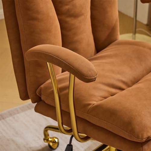 VINGLI Home Office Desk Chair Comfy with wheels&Removable Armrests,Gold Base Vanity Chair with Back,Adjustable Rolling Swivel Computer Task Chair for Study,Makeup,Office,Bedroom,Microfiber/Suede,Brown VINGLI