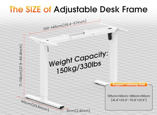 Xyndyx 330 lbs Capacity Dual Motor Electric Standing Desk Frame, Height Adjustable Sit Stand up Desk Legs Base Workstation, Anti-Collision Function, 2 Hooks, White Frame Only Xyndyx