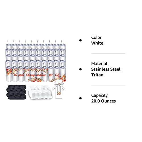 50 Pack Sublimation Tumblers 20 oz Skinny bulk,Stainless Steel Double Wall Insulated Straight Sublimation Tumbler Cups Blank White with Lid,Individually Box,Polymer Coating for Heat Transfer ZONEGRACE