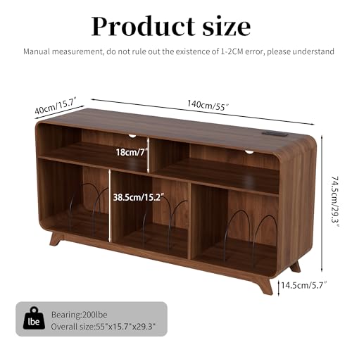 Boweniog Record Player Stand with Vinyl Storage Cabinet with Charging Station & USB Ports, Turntable Stand Table Holds Up to 350 Albums, Curved Vinyl Record Cabinet for Living Room (Walnut, 55-inch) Boweniog
