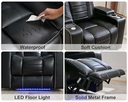 Power Recliner with Zero Gravity,Adjustable Headrest,Wireless Charger,LED Light Faux Leather Electric Reclining Chair Home Theater Seating USB Type-C Port,Cup Holder,Tray Table,Extended Footrest Black