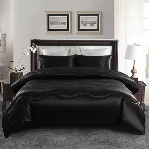 YASMENG Black Satin Silky Comforter Set Queen Size Summer Cooling Glossy Quilt Set Smooth Touch Luxury Hotel Silk Like Satin Duvet Down Alternative Comforter with 2 Pillowcases for All Seasons YASMENG