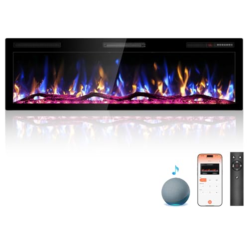 Kucreiheat 60" WiFi Electric Fireplace with Crackling Sound, Smart Linear Fire Place for Living Room, Recessed & Wall Mount Heater, 750/1500W, App & Remote Control, Timer, Log Flame Kucreiheat