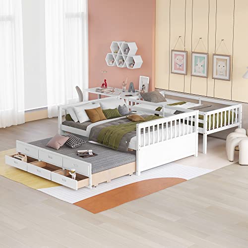Harper & Bright Designs Twin Over Full Bunk Bed with Trundle, Solid Wood Bunk Bed Frame with Storage Drawers, for Kids Teens Adults (White) Harper & Bright Designs